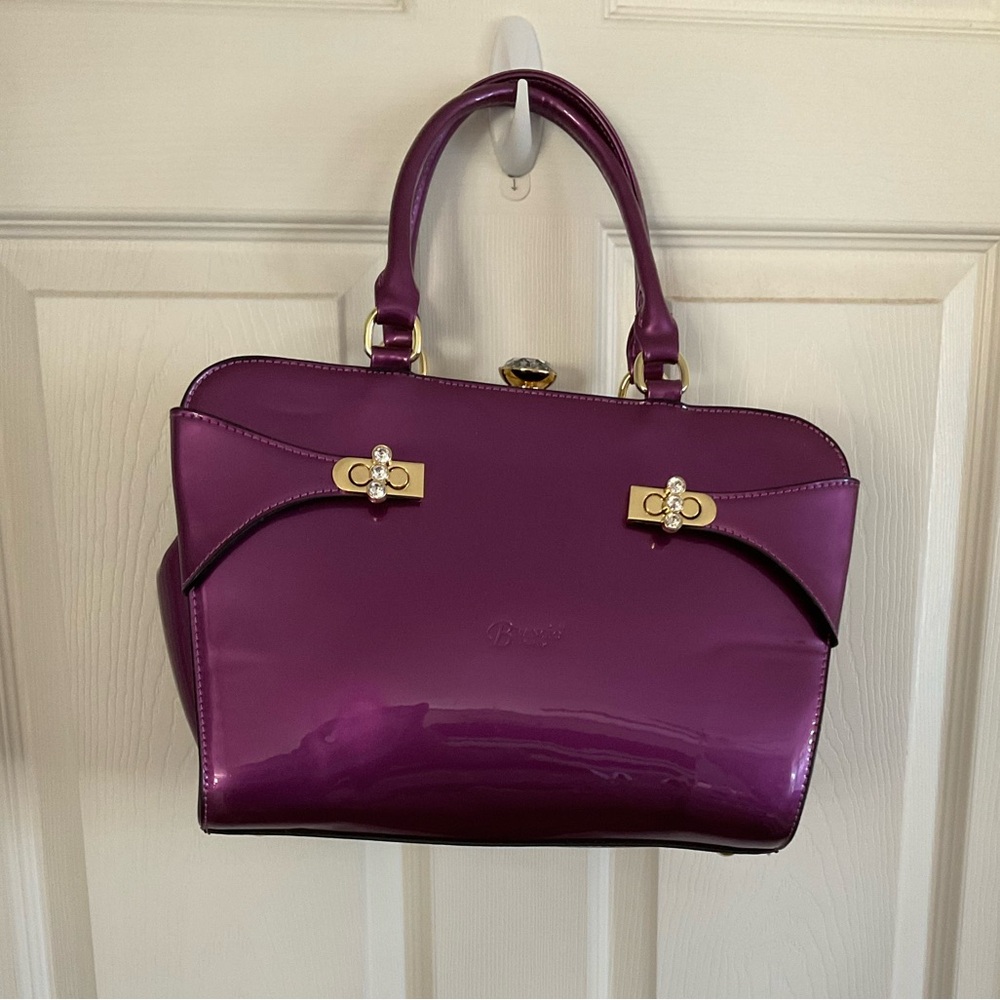 Brangio of Italy Purple Patent Leather Glam Gold Frame Rhinestone Top Handle Bag - Picture 4 of 12